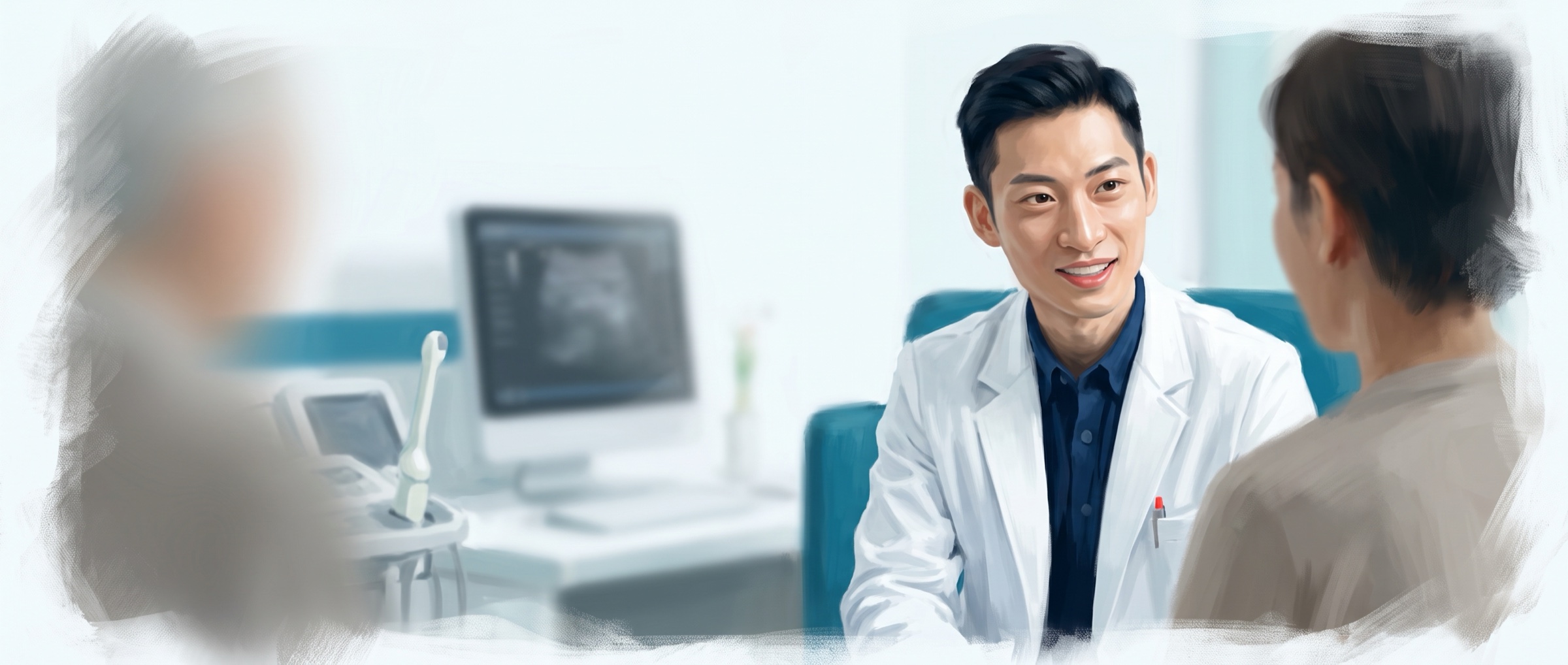 插畫：醫師在診間與兩位病人面對面說明病情